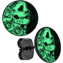 Load image into Gallery viewer, Black Anodized Gothic Rose Flower Skull Glow in the Dark Stud Earrings
