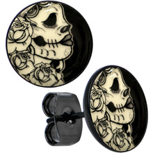 Load image into Gallery viewer, Black Anodized Gothic Rose Flower Skull Glow in the Dark Stud Earrings
