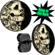 Load image into Gallery viewer, Black Anodized Gothic Rose Flower Skull Glow in the Dark Stud Earrings

