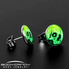 Load image into Gallery viewer, Webbed Skull Glow in the Dark Stud Earrings
