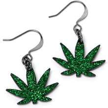 Load image into Gallery viewer, Green Glitter Marijuana Pot Leaf Dangle Earrings
