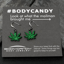Load image into Gallery viewer, Green Glitter Marijuana Pot Leaf Dangle Earrings
