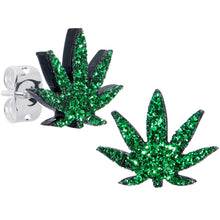 将图片加载到图库查看器，Green Glitter Marijuana Pot Leaf Stud Earrings
