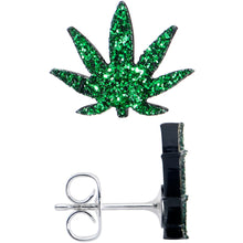 将图片加载到图库查看器，Green Glitter Marijuana Pot Leaf Stud Earrings
