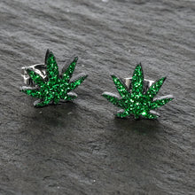 将图片加载到图库查看器，Green Glitter Marijuana Pot Leaf Stud Earrings
