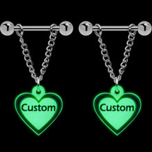 Load image into Gallery viewer, Custom Heart Glow in the Dark Chain Personalized Name Dangle Nipple Ring Set
