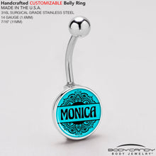 将图片加载到图库查看器，Custom Teal Mandala Personalized Name Belly Ring

