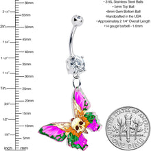 Load image into Gallery viewer, Clear Gem Butterfly Skull Dangle Belly Ring by Onyx O
