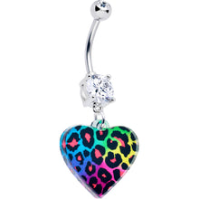 Load image into Gallery viewer, Acrylicious Rainbow Cheetah Print Heart Dangle Belly Ring by Onyx O
