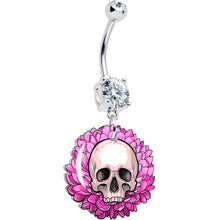 Load image into Gallery viewer, Clear Gem Blooming Pink Flower Skull Dangle Belly Ring by Onyx O
