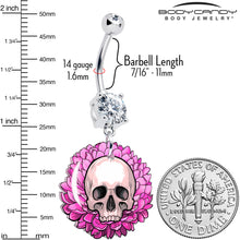 Load image into Gallery viewer, Clear Gem Blooming Pink Flower Skull Dangle Belly Ring by Onyx O
