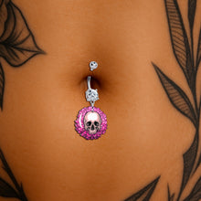 Load image into Gallery viewer, Clear Gem Blooming Pink Flower Skull Dangle Belly Ring by Onyx O
