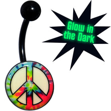 Load image into Gallery viewer, Glow in the Dark Titanium Tie Dyed Peace Sign Belly Ring
