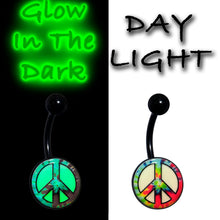 Load image into Gallery viewer, Glow in the Dark Titanium Tie Dyed Peace Sign Belly Ring
