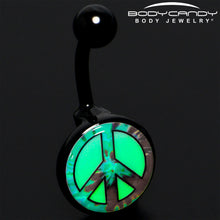 Load image into Gallery viewer, Glow in the Dark Titanium Tie Dyed Peace Sign Belly Ring
