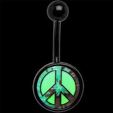 Load image into Gallery viewer, Glow in the Dark Titanium Tie Dyed Peace Sign Belly Ring
