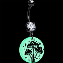 Load image into Gallery viewer, Black Double Gem Glow in the Dark Mystic Mushroom Dangle Belly Ring by Onyx O
