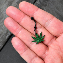 将图片加载到图库查看器，Green Glitter Marijuana Pot Leaf Black Dangle Belly Ring
