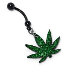 将图片加载到图库查看器，Green Glitter Marijuana Pot Leaf Black Dangle Belly Ring

