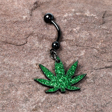 将图片加载到图库查看器，Green Glitter Marijuana Pot Leaf Black Dangle Belly Ring
