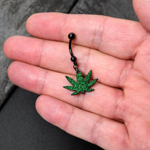 将图片加载到图库查看器，Green Glitter Marijuana Pot Leaf Black Dangle Belly Ring
