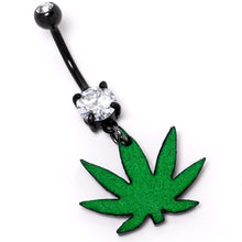 将图片加载到图库查看器，Double Gem Green Marijuana Pot Leaf Black Dangle Belly Ring
