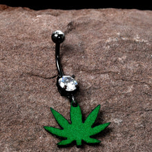 将图片加载到图库查看器，Double Gem Green Marijuana Pot Leaf Black Dangle Belly Ring
