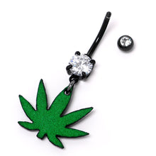 将图片加载到图库查看器，Double Gem Green Marijuana Pot Leaf Black Dangle Belly Ring
