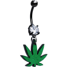 将图片加载到图库查看器，Double Gem Green Marijuana Pot Leaf Black Dangle Belly Ring

