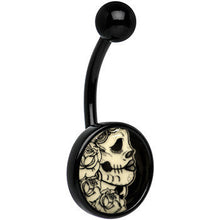 Load image into Gallery viewer, Black Glow in the Dark Katrina Sugar Skull Belly Ring
