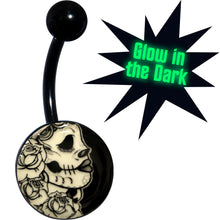 Load image into Gallery viewer, Black Glow in the Dark Katrina Sugar Skull Belly Ring
