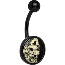 Load image into Gallery viewer, Black Glow in the Dark Katrina Sugar Skull Belly Ring
