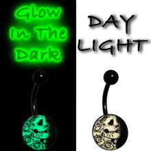 Load image into Gallery viewer, Black Glow in the Dark Katrina Sugar Skull Belly Ring
