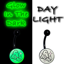 Load image into Gallery viewer, Black Anodized Glow in the Dark Halloween Ghost Dog Walker Belly Ring by Onyx O
