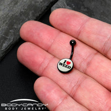 Load image into Gallery viewer, Black Anodized Glow in the Dark I Love Weed Belly Ring by Onyx O
