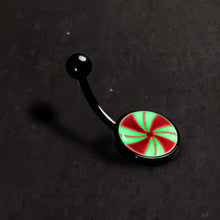 Load image into Gallery viewer, Black Glow in the Dark Holiday Peppermint Candy Belly Ring by Onyx O
