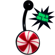 Load image into Gallery viewer, Black Glow in the Dark Holiday Peppermint Candy Belly Ring by Onyx O
