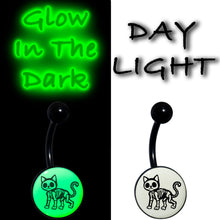 将图片加载到图库查看器，Black Anodized Glow in the Dark Skeleton Kitty Cat Belly Ring by Onyx O
