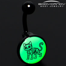 将图片加载到图库查看器，Black Anodized Glow in the Dark Skeleton Kitty Cat Belly Ring by Onyx O
