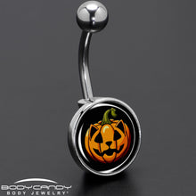 Load image into Gallery viewer, Orange Pumpkin Cat Jack-O-Lantern Belly Ring by Onyx O
