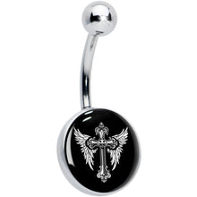 Load image into Gallery viewer, Black White Winged Cross Belly Ring by Onyx O
