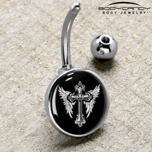 Load image into Gallery viewer, Black White Winged Cross Belly Ring by Onyx O
