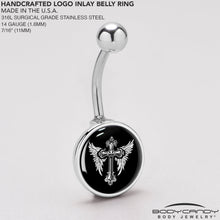 Load image into Gallery viewer, Black White Winged Cross Belly Ring by Onyx O
