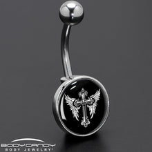 Load image into Gallery viewer, Black White Winged Cross Belly Ring by Onyx O
