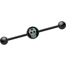 Load image into Gallery viewer, 14G Black Anodized Sugar Skull Industrial Barbell 37mm
