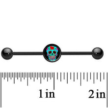 Load image into Gallery viewer, 14G Black Anodized Sugar Skull Industrial Barbell 37mm
