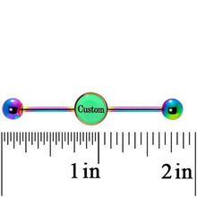 Load image into Gallery viewer, Custom Glow in the Dark Personalized Industrial Barbell in Rainbow Titanium
