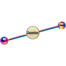 Load image into Gallery viewer, Custom Glow in the Dark Personalized Industrial Barbell in Rainbow Titanium
