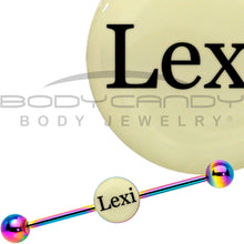 Load image into Gallery viewer, Custom Glow in the Dark Personalized Industrial Barbell in Rainbow Titanium
