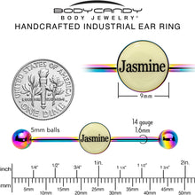 Load image into Gallery viewer, Custom Glow in the Dark Personalized Industrial Barbell in Rainbow Titanium

